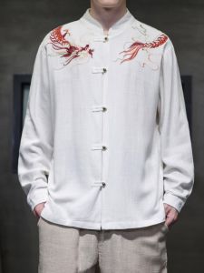 Long Sleeve Mens Cotton Linen Shirt Dragon Pattern Embroidery Retro Chinese Style Button up Hanfu Outerwear Breathable Youthful