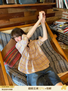 Hello Canon Korean Style Plaid Shirt Women Summer New Leisure Versatile Top round Neck Short Sleeve Regular Fit Commute Wear