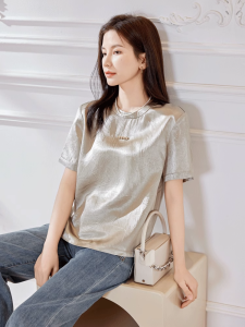 WANGGONGZHU | Fashionable Textured Short Sleeve Womens T-shirt Summer Thin New Style Acetate Loose Top Korean Version Casual Round Neck