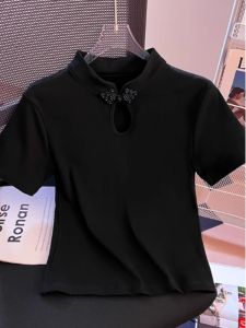 ลำลอง เรียบหรู เสื้อแขนสั้น ผู้หญิง ปกตั้ง ไม่สม่ําเสมอ ดีไซน์ ชุดกี่เพ้า Tang เครื่องแต่งกายแฟชั่นสไตล์จีนใหม่ เสื้อท่อนบน