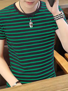 เสื้อยืดคอกลมแขนสั้นผ้าฝ้ายแท้สำหรับผู้ชาย ฤดูร้อน 2022 เสื้อยืดคอกลมลายทางบางลำลอง เสื้อเชิ้ตทรงสลิมฟิต เสื้อผ้าทำงาน