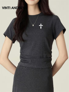 Petite Grey Shoulder-Fit Waist-Accentuating Womens Summer T-Shirt