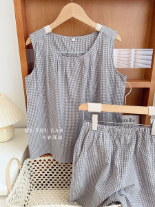 ชุดนอนผ้าฝ้ายลายสก็อตสไตล์ญี่ปุ่นสำหรับผู้หญิงในฤดูร้อน ชุดนอนแขนกุด กางเกงขาสั้น ชุดนอนสบาย ๆ ชุดนอนผ้าฝ้ายแท้