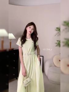 Yellow Round Neck Splicing Elegant Slim Waist Dress