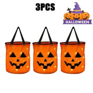 LED Halloween Candy Bucket Glow in The Dark Trick or Treat Bag with Handle Reusable Party Favor Pail for Kids Adults