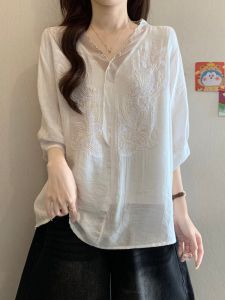 SHIMANQING | Embroidered V-neck Short Sleeve Summer Loose Cover Stomach Blouse