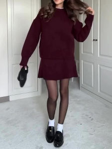Winter Autumn Chic Knitted Two Piece Set Women Fashion Preppy Style O Neck Loose Sweater A Line Mini Skirt Sets Female Outfits
