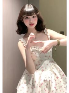 HUAYILING | Floral Strap Sweet and Spicy Style Short Puff Dress