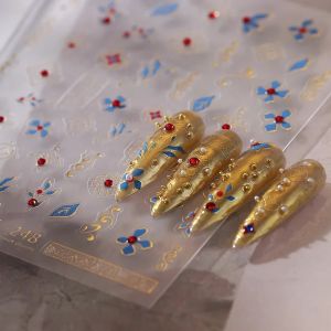Gold Totem Pattern Rhinestone Design Figure Noble Flower Light Luxury Geometric Adhesive Nail Art Stickers Red Manicure Decals