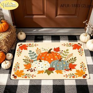 VIKAMA Checkered Pumpkin Autumn Doormat Thanksgiving Harvest Decorative Rug Soft Non-Slip Entryway Rug Home Decor