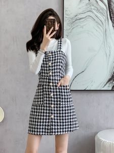 Woolen Check Overall Dress Suit Womens Autumn and Winter New Temperament Waist-Controlled Slimming Strap Base Dress Two-Piece Set