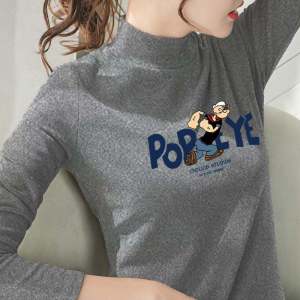 Thickened Dopple-faced Fleece Base Shirt for Women Half-high Collar Spring Autumn Slim Fit Cashmere T-shirt with Letters/Numbers/Text Pattern