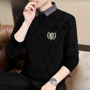 HENGYUANXIANG | Hengyuanxiang Mens Thickened Fleece Lined Knitted Sweater Shirt Collar One Piece Velvet Warm Winter Base Layer Shirt Fake Two-Piece