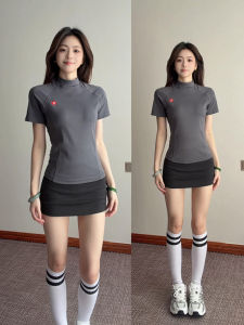 XIANGBAIWEI | Korean Vintage Slimming T-Shirt Half-high Collar Straight-shoulder Short Sleeve