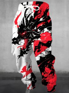 Autumn Mens New Chinese Loong Printed Soft and Comfortable Drawstring Pants Outdoor Urban High Street Pants