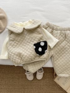 ชุดเด็กผู้หญิงฤดูหนาวสไตล์เกาหลี ชุดสองชิ้น อบอุ่น แขนกุด กระโปรงสั้น ชุดทำงานสำหรับเด็ก แฟชั่นฤดูใบไม้ร่วง 2024