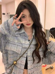 Blue Long Sleeve Shirt Jacket Women Early Autumn 2025 New High-End Loose Versatile Top Quality Commute Style Polo Collar Button