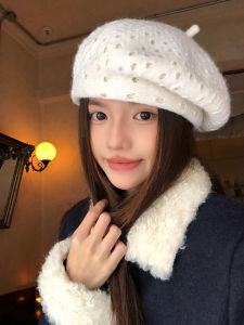 White Knitted Beret Hat for Women Winter Warm Artist Style Hole Design Non-Adjustable round Top No Brim Foldable Non-Matching Store