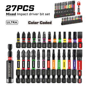 Geinxurn 27PCS Impact Phillipes/Square/Slotted Screwdriver Bits Set Magnetic S2 Steel Bits Set with Color Coded Base