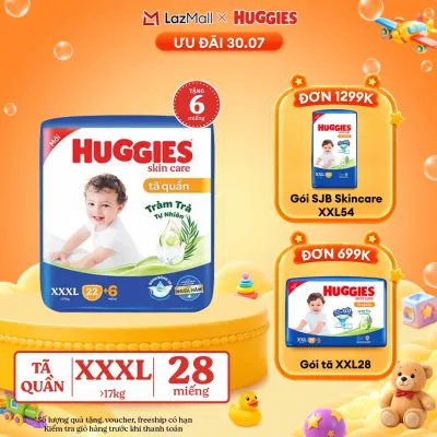 [30.7 GIẢM THÊM 90K] Tã/bỉm quần Huggies Skin Care Jumbo XXXL22+6 miếng với tràm trà dịu da