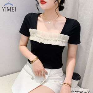 YIMEI 2024 Large Womens Summer New Beaded Lace Square Neck T-shirt Fashion Small Shirt Womens Red Top Cotton