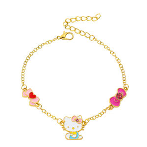 Sanrio | Gold Tone Hello Kitty Charm Bracelet Zinc Alloy with Purple Flower & Pink Heart Charms Adjustable Link Chain for Girls