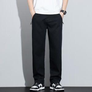 Mens Straight-Leg Tencel Lyocell Pants Autumn Winter Loose Fit Casual Elastic Waistband Zipper Pockets Long Length Sizes28-38