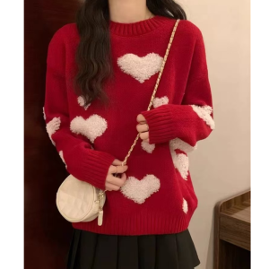 Goka Womens Wool Knitwear round Neck Sweater Casual Festive New Year Red Sweater Sweet Style Loose Fit Long Sleeve Winter