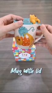 INDRA CERAMIC เซรามิกเข้าไมโครเวฟได้ แก้วเซรามิก มัคฝาปิด มัค 10 ออนซ์ มัคฝาปิดสัตว์เกาะ