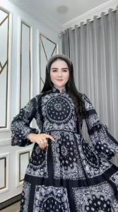 Baju Wanita Redina Dress Katun Rayon Busui Resleting Depan Leher Kra Tali Pinggang Ld 110 Panjang 138