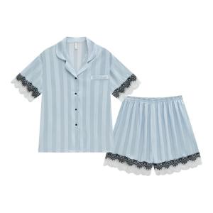 MiiOW | ชุดนอนผ้าไหมน้ำแข็งสำหรับผู้หญิง ชุดนอนฤดูร้อน แขนสั้น กางเกงขาสั้น ขอบลูกไม้ ชุดอยู่บ้าน ผ้าฝ้ายผสมโพลีเอสเตอร์