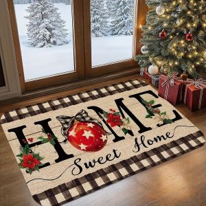 VIKAMA Home Sweet Home Christmas Doormat Non Slip Entrance Mat Buffalo Plaid Holly Front Door Decor Rug