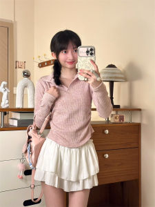 Basic Solid Color Knitted Polo Shirt Womens Korean Style Long Sleeve Slim Fit Short Length Inner Wear Commute Simple Style Polyester Fiber