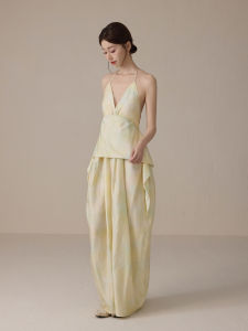 ONMOON Spring Summer V-neck Gradient Hanging Neck Flower Vase Dress Sleeveless Long Gown Women Fairy Style Casual Fashion