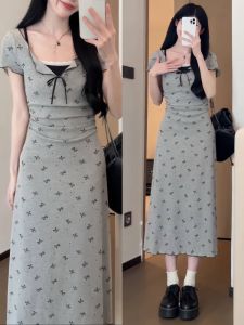 Grey French Style Floral Print Waist-Cinching Dress for Plump Women Summer New Vintage Fake Two-Piece Long Dress