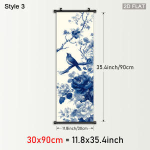 VIKAMA Oriental Flower-and-Bird Scroll Tapestry Blue Peony Wall Art Fabric Poster for Bedrooms and Living Rooms Wall Decor