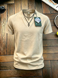 Áo Thun Cổ V Màu Khaki Nhạt Thoáng Khí Chống Ẩu Pha Linen