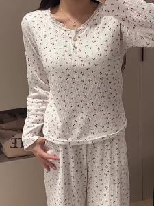 Womens Spring and Autumn New Cotton Sleepwear with Chest Cushion Korean Sweet Floral Long Sleeved Pajamas Set Female Sweet Home Wear Clothes