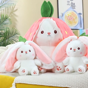 Cute Long Ear 2 in 1 Bunny Plush with Strawberry or Carrot Outfit - 28cm 38cm 48cm Soft Stuffed Doll for Kids