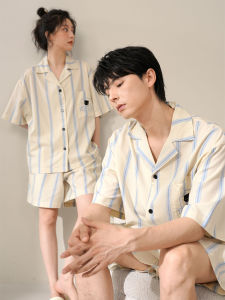 Korean Stripe Couple Sleepwear Short Sleeve Loose Thin Cotton Home Clothes for Men And Women Summer Cool Feeling Pure Cotton