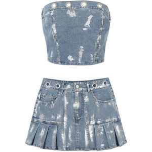 SEENFAAN | SEENFAAN Silver Brushed Denim Short Skirt Set Womens Summer New Small Size Street Style Cotton Blend Casual Outfit
