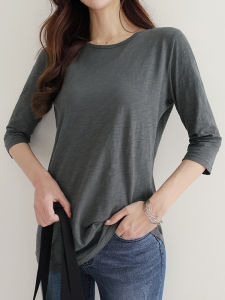 New Arrival Three-Quarter-Length-Sleeved T-shirt Womens Mid Length Long Length Loose Spring & Fall Plus Size Cotton Base Shirt K-style Half Length Half Sleeve Tops T