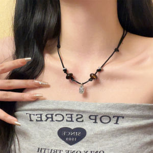 Adjustable Chinese Style Black Rope Braided Necklace Womens Tibetan Tiger Eye Stone Pendant Vintage Decorative Clavicle Chain