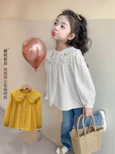Stylish Girls Shirt Doll Top Spring Autumn Fashion Childrens Long Sleeve Big Collar Cabbage Pattern Chiffon Medium And Large Children