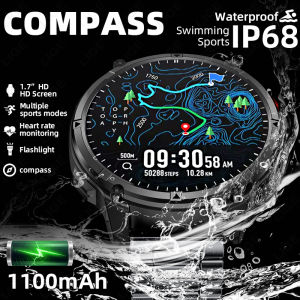 LIGE Smartwatch 2026 1.7" IPS HD screen 1100 mAh with Flashlight Compass Bluetooth Call and Notifications Heart rate monitoring IP68 Waterproof Sport Watches