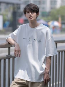 Heavyweight Pure Cotton Japanese Style Cityboy Short Sleeve Mens T-shirt Spring Summer Hong Kong Style Loose Student Trendy Top