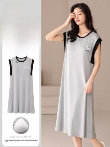 MiiOW | Váy ngủ lụa băng dài tay ngắn cho nữ mùa hè thoáng khí thoải mái mặc nhà Váy ngủ dài đến giữa bắp chân