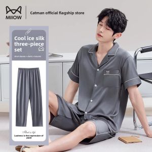 MiiOW | Mens Ice Silk Summer Sleepwear Short Sleeve Loose Thin Three-piece Set Casual Home Clothes Polyester Fiber Long Pants
