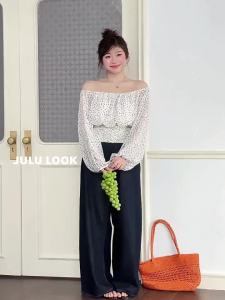 Off-shoulder Flared Sleeve Waist-defining Polka Dot Shirt