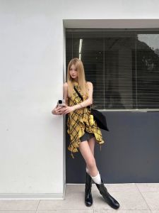 Spicy Plaid Asymmetrical Long Sleeveless Collared Vest Street Style Loose Fit Summer Design Womens Fashion Floral Lace Hem Top